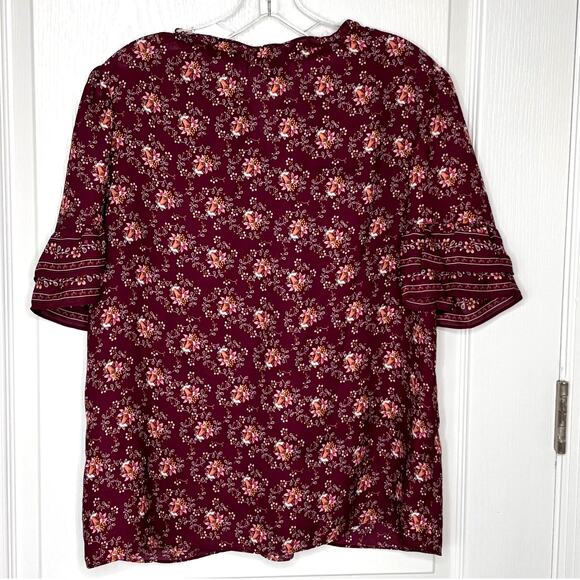 Max Studio Wms L Plum Floral Blouse Flutter Ruffle Sleeve Tie Neck Cottagecore - Picture 2 of 8
